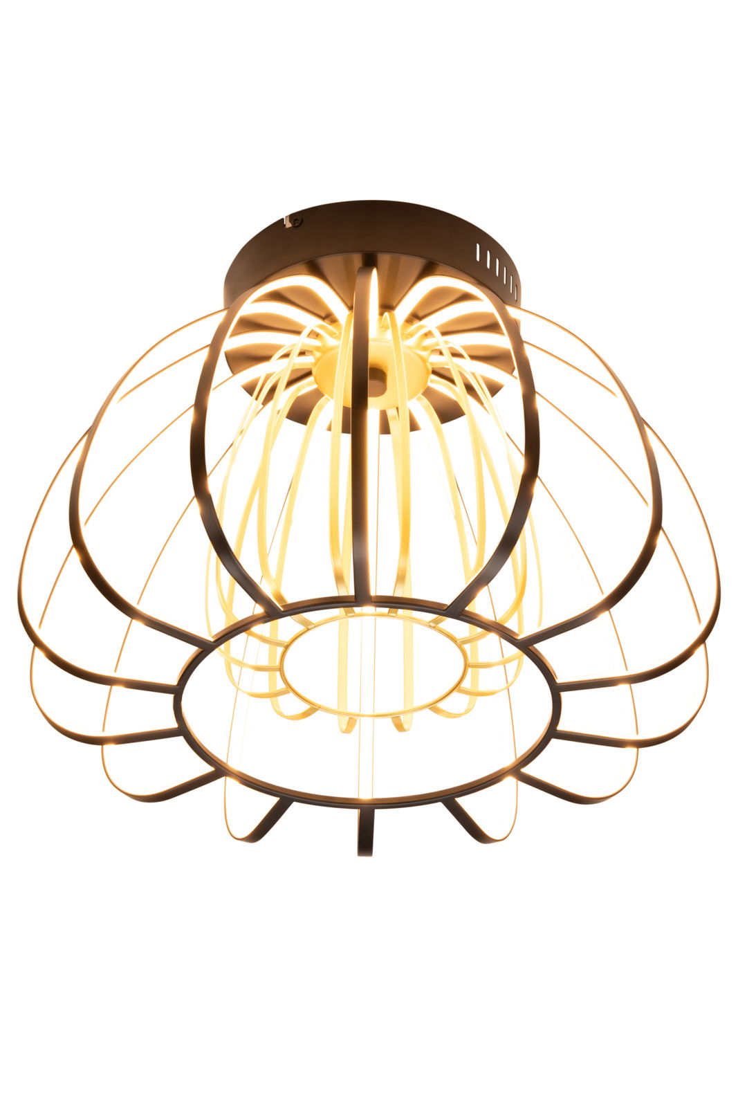 Moderne LED-Hängeleuchte mit einem eleganten, offenen Design aus Metallstreben, von unten betrachtet.