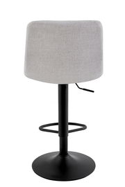 Rückansicht eines modernen Barhockers mit grauem Stoffbezug und schwarzem Metallgestell.
