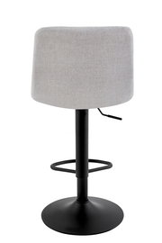Rückansicht eines modernen Barhockers mit grauem Stoffbezug und schwarzem Metallgestell.