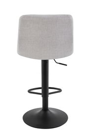 Rückansicht eines modernen Barhockers mit grauem Stoffbezug und schwarzem Metallgestell.