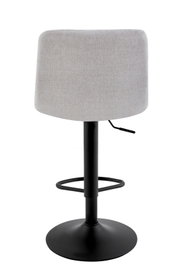 Achterkant van een moderne barkruk met grijze stoffen bekleding en een zwart metalen onderstel.