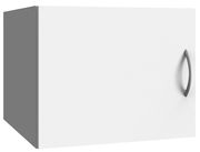 Weißer Schrankaufsatz mit grauem Griff, seitliche Perspektive