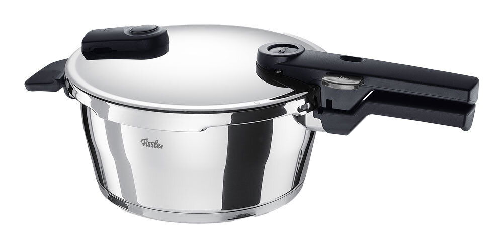 Schnellkochtopf aus Edelstahl mit schwarzem Griff, seitliche Perspektive