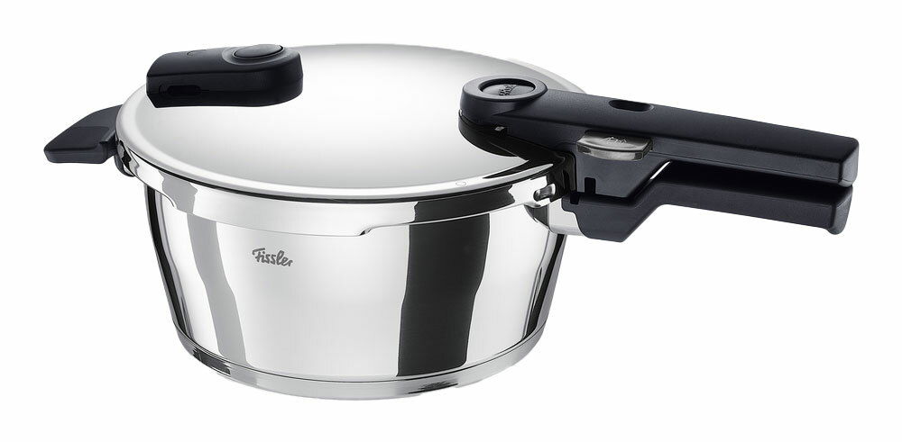 Schnellkochtopf aus Edelstahl mit schwarzem Griff, seitliche Perspektive