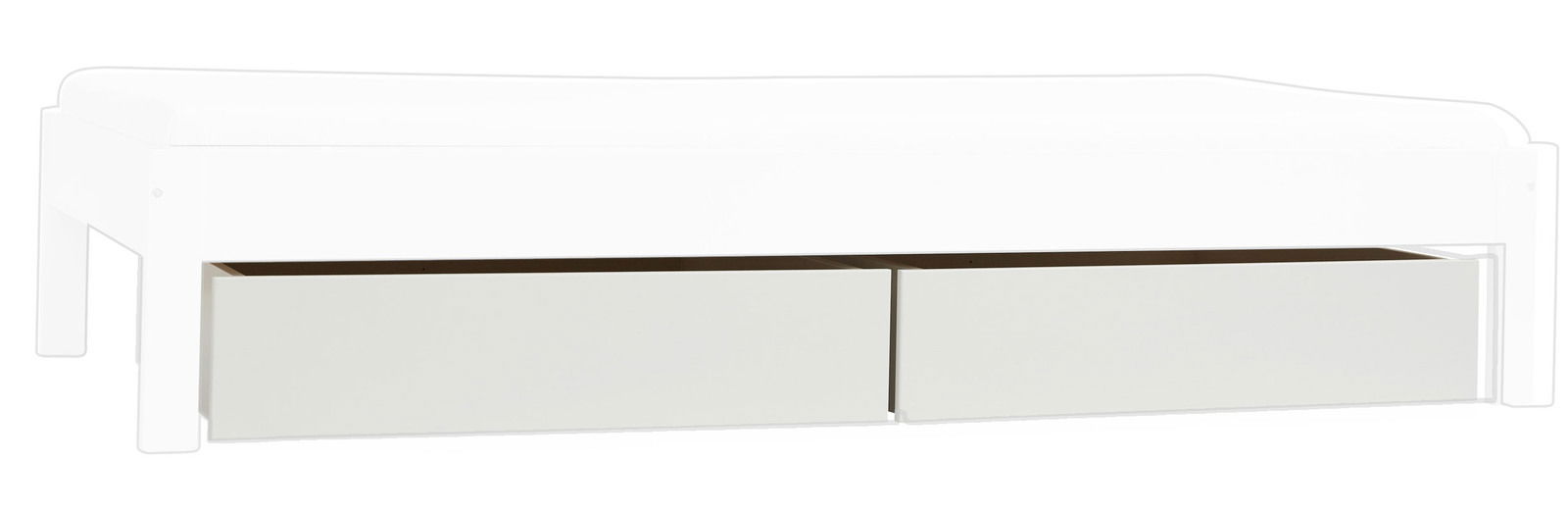 Stylife Schubladen-Set WOOBIE Zwei weiße Schubladen unter einem Bettgestell, seitliche Perspektive