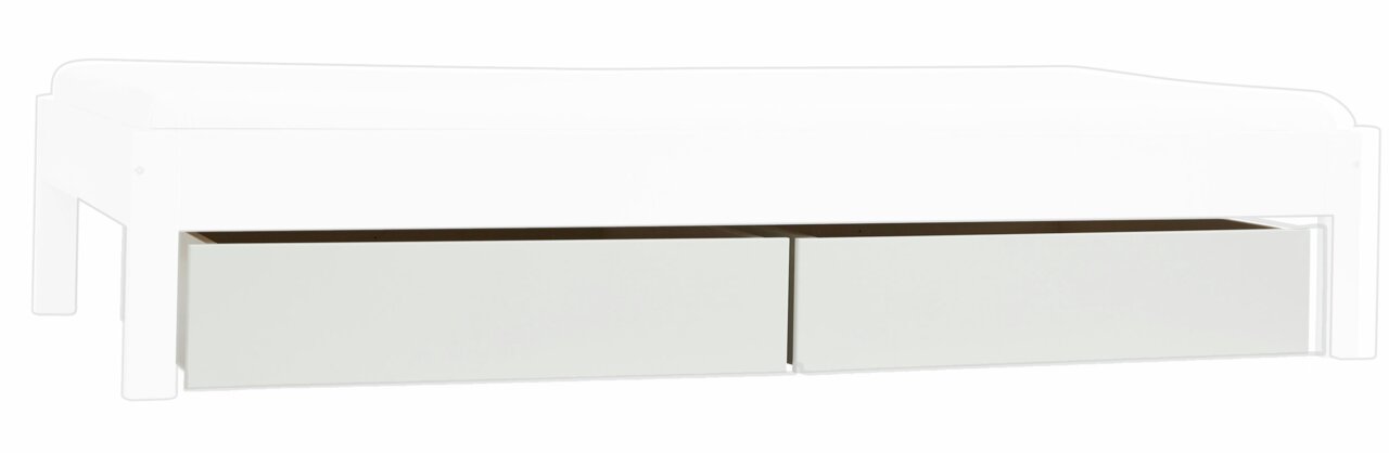Zwei weiße Schubladen unter einem Bettgestell, seitliche Perspektive