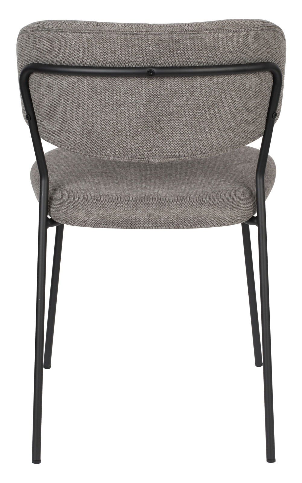 Rückansicht eines grauen Stuhls mit schwarzem Metallrahmen.