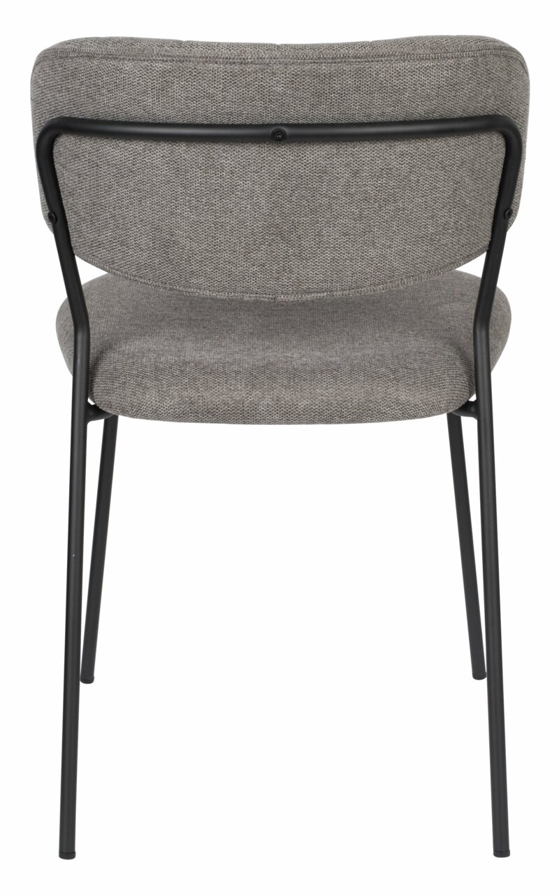 Rückansicht eines grauen Stuhls mit schwarzem Metallrahmen.