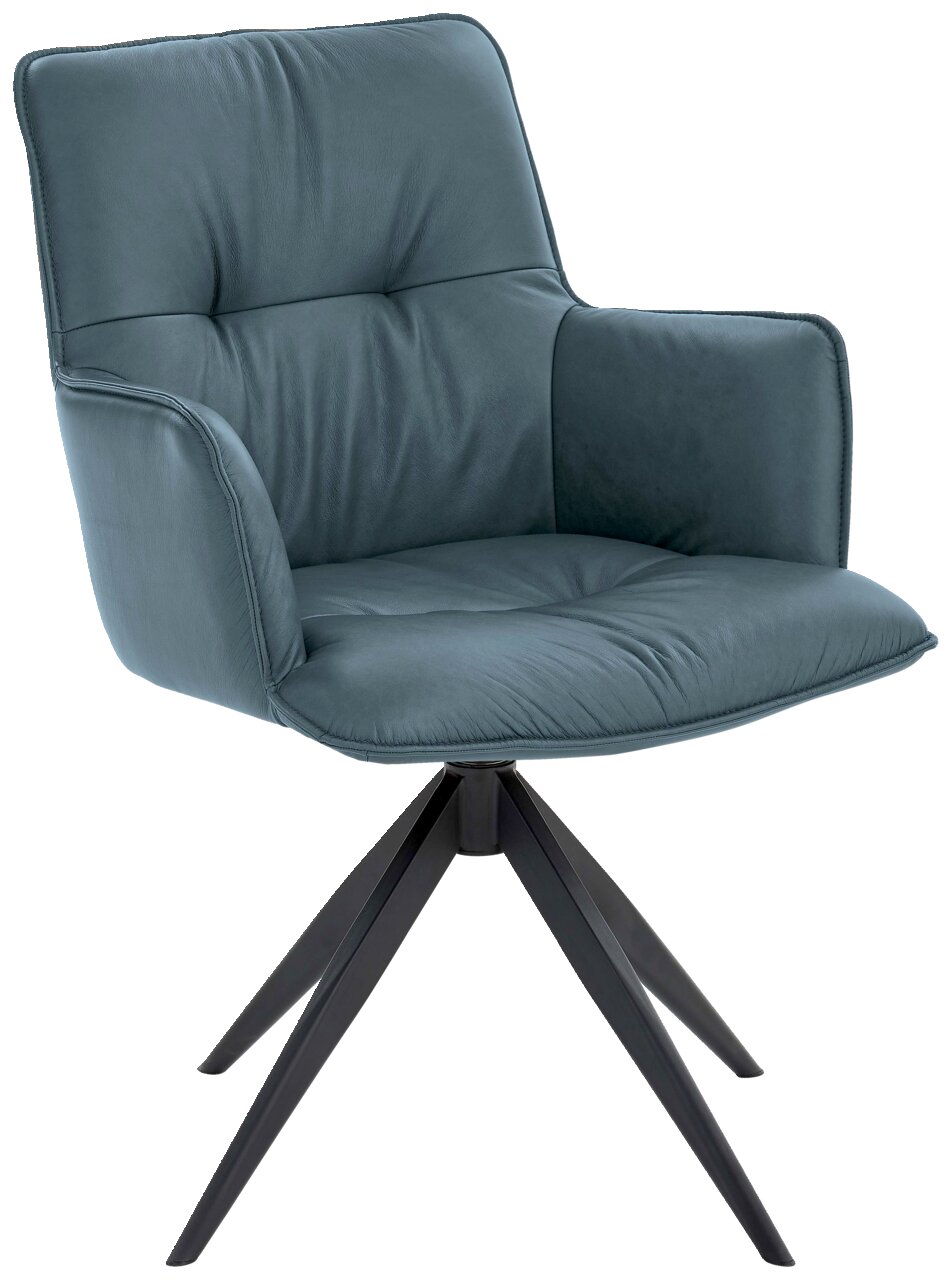 Moderner Design-Schalensessel in blauer Farbe mit gepolstertem Sitz und Rückenlehne, auf schwarzem Metallgestell. Perspektive: seitliche Ansicht.