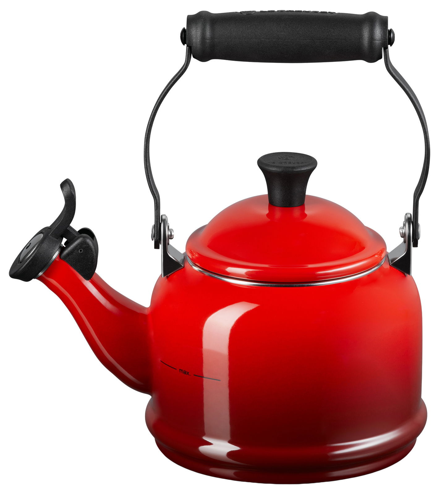 Roter Wasserkessel mit schwarzem Griff, seitliche Perspektive