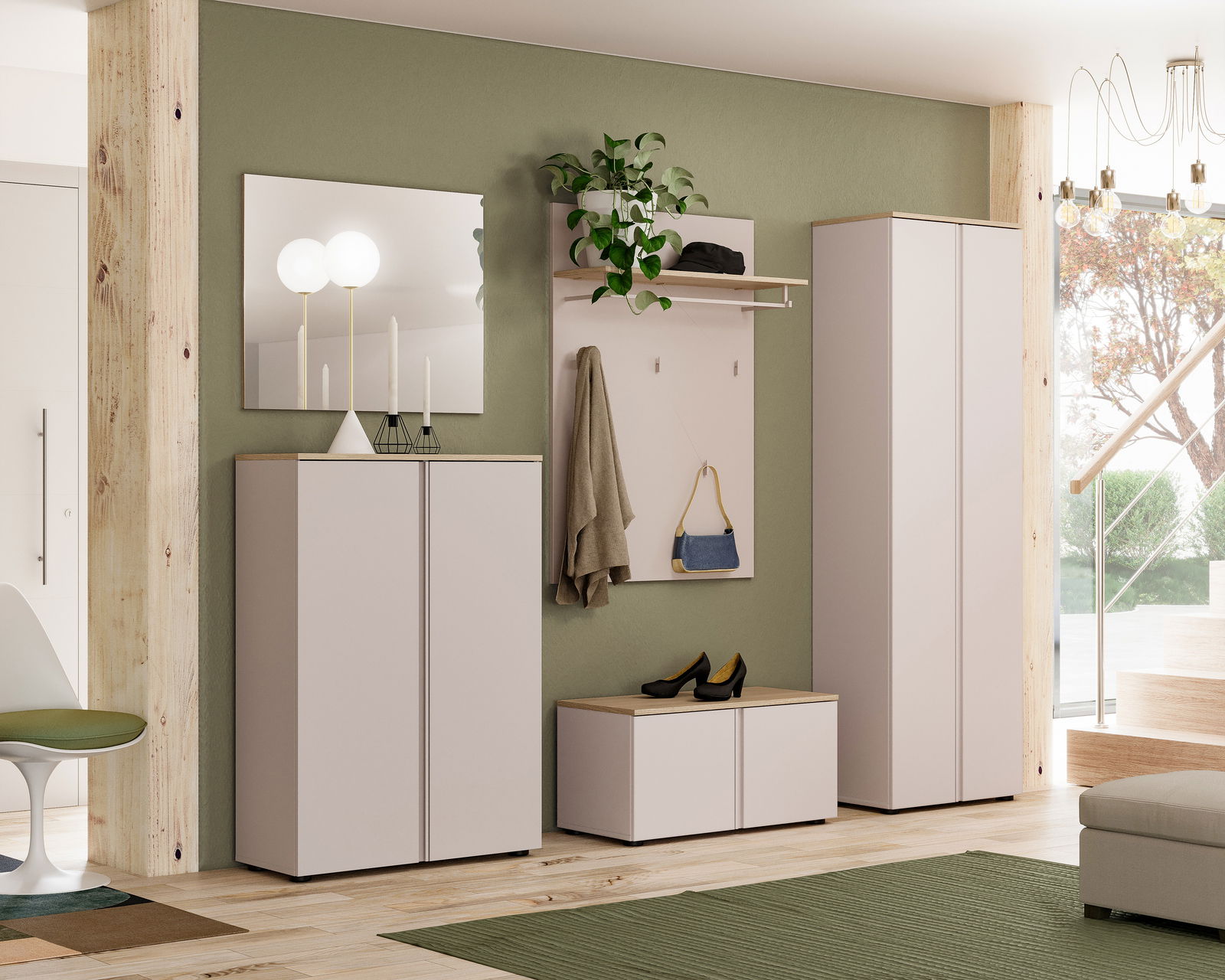 Voleo Garderobenpaneel breit Moderne Garderobeneinrichtung mit Schuhschrank, Garderobenpaneel und Spiegel in einem hellen Raum, seitliche Perspektive.