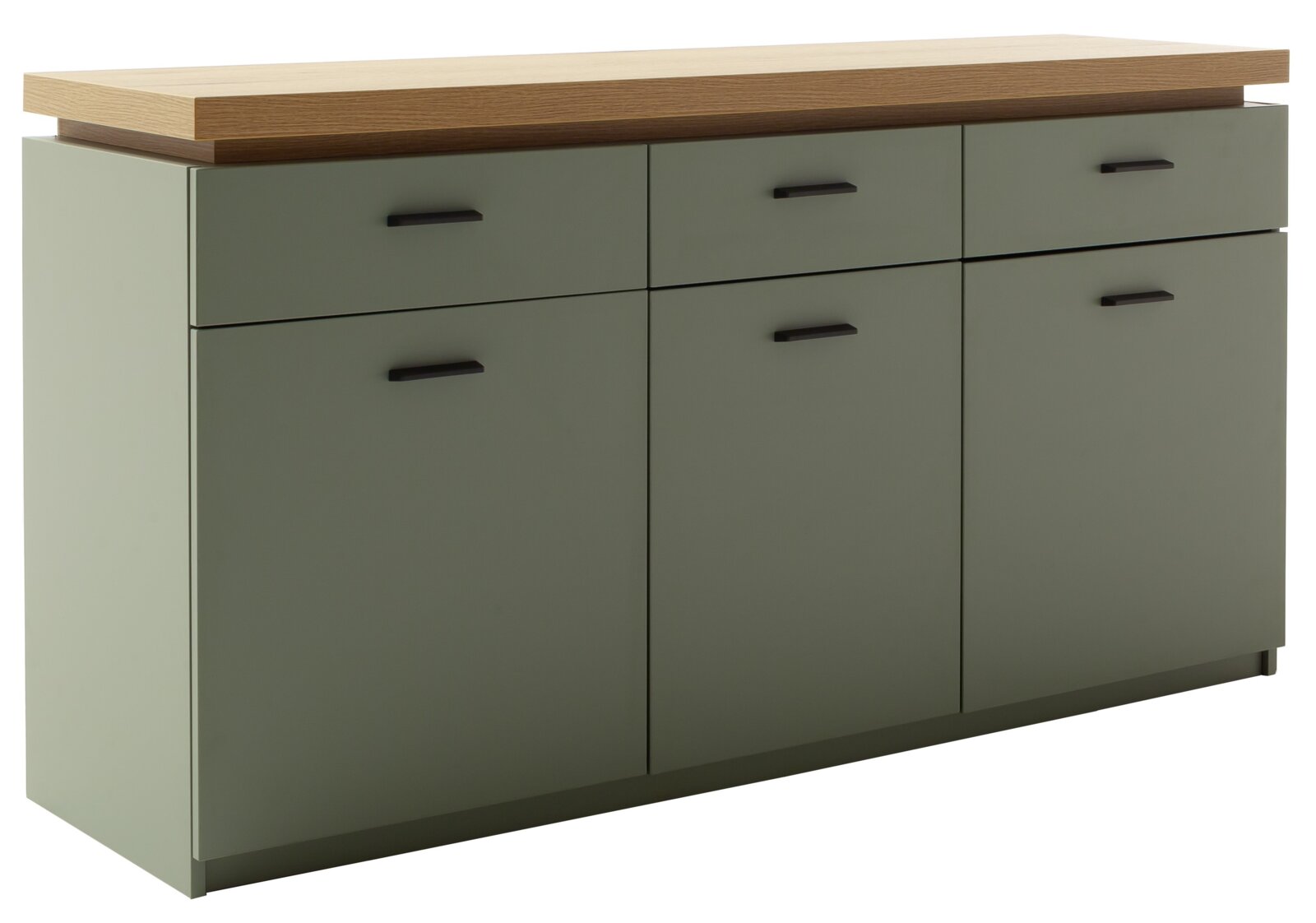 Modernes Sideboard/Kommode in Olivgrün mit Holzplatte und schwarzen Griffen, Frontansicht in leichter Schrägperspektive von links