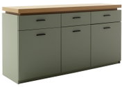 Modernes Sideboard/Kommode in Olivgrün mit Holzplatte und schwarzen Griffen, Frontansicht in leichter Schrägperspektive von links