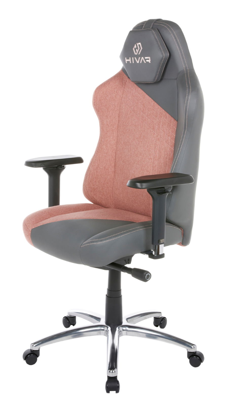 Gaming Stuhl in seitlicher Perspektive mit grauem und rotem Polster, verstellbaren Armlehnen und stabiler Metallbasis auf Rollen.