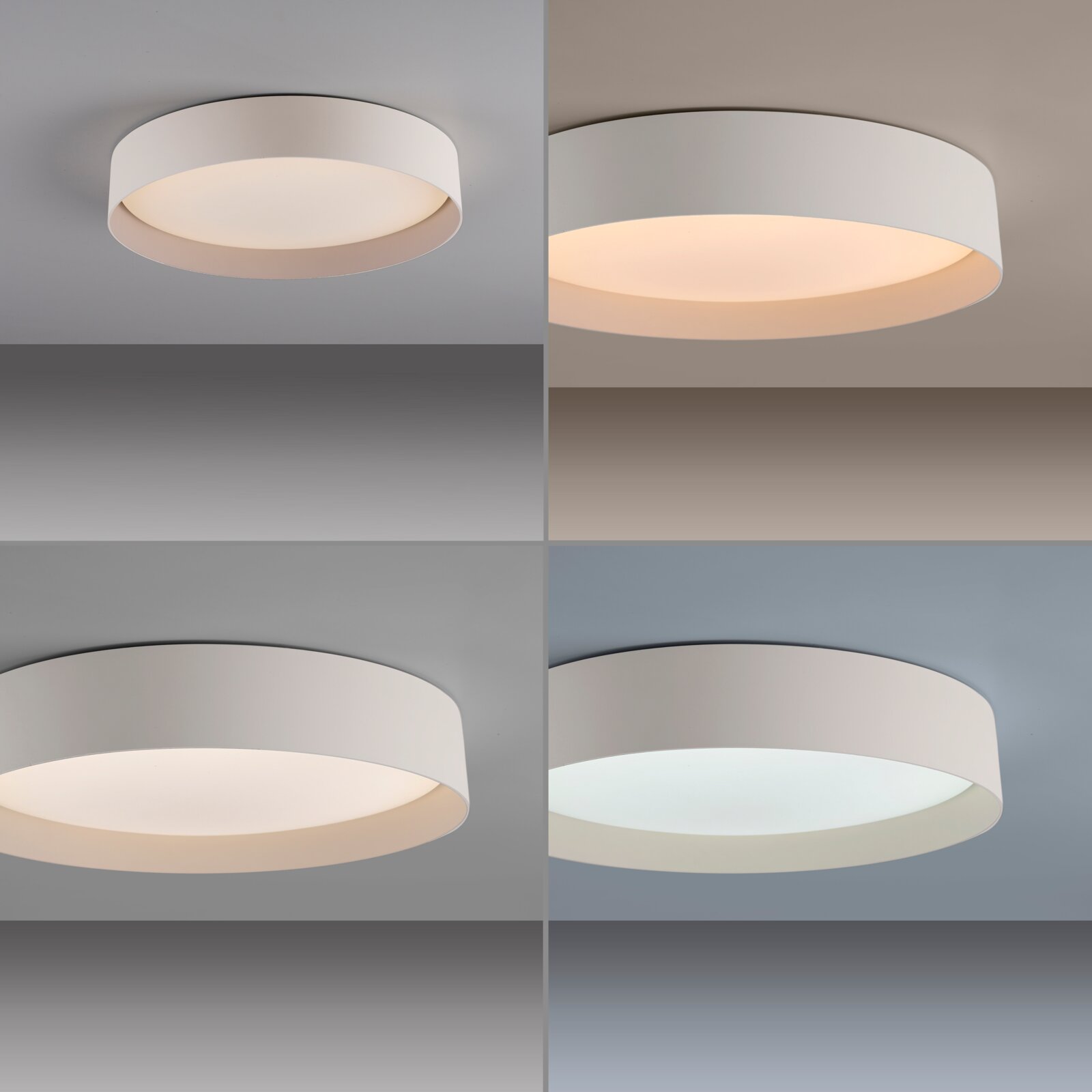 Runde, flache LED-Deckenleuchte in Weiß mit opalem Diffusor und warmweißem Licht, montiert an der Decke; Ansicht schräg von unten (Untersicht).