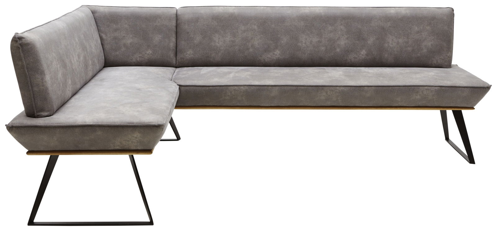 Graue Eckbank mit modernem Design, Metallbeinen und Polsterung, seitliche Perspektive