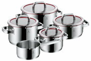 Topfset Function 4 5-tlg. aus Edelstahl mit Glasdeckeln, seitliche Perspektive