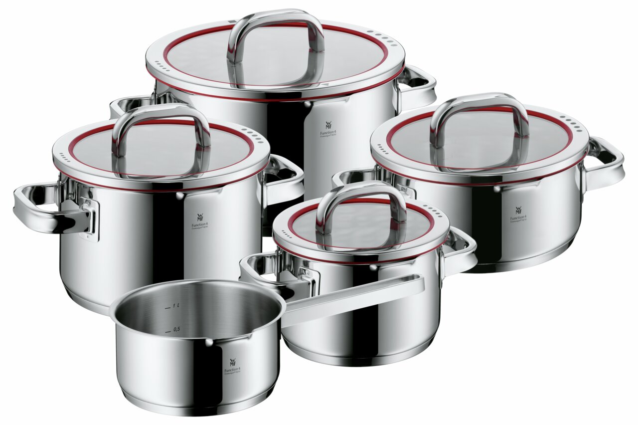 Topfset Function 4 5-tlg. aus Edelstahl mit Glasdeckeln, seitliche Perspektive