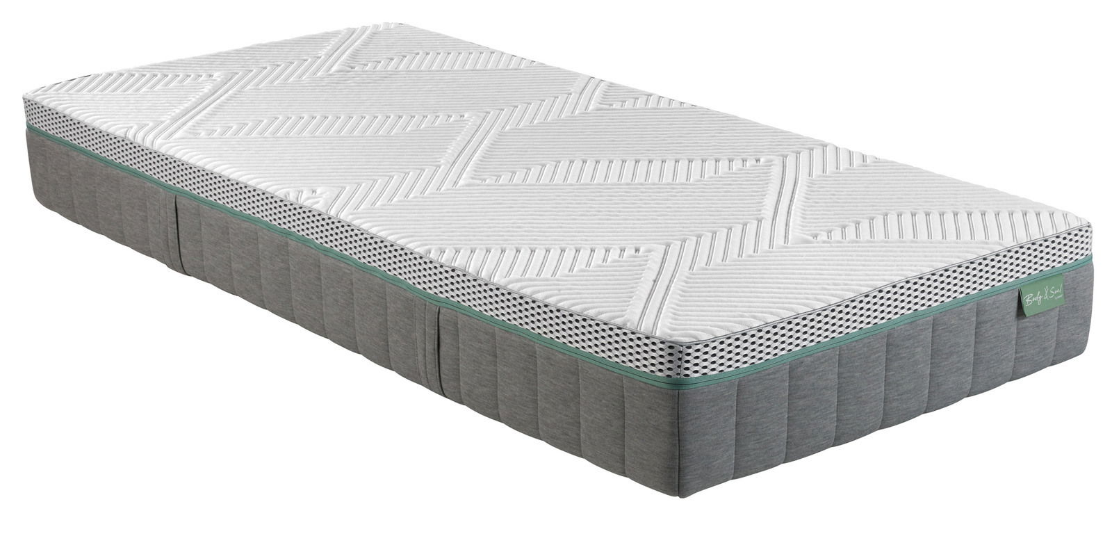 irisette Matras BODY&SOUL Seitliche Perspektive auf eine Matratze 90x200 cm mit festem Liegekomfort, grauer Seitenfläche und weißem Oberbezug mit geometrischem Muster.