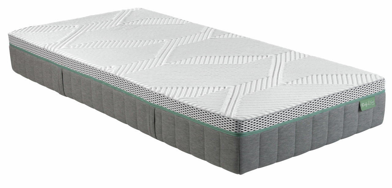 irisette Matratze BODY&SOUL Seitliche Perspektive auf eine Matratze 90x200 cm mit festem Liegekomfort, grauer Seitenfläche und weißem Oberbezug mit geometrischem Muster.