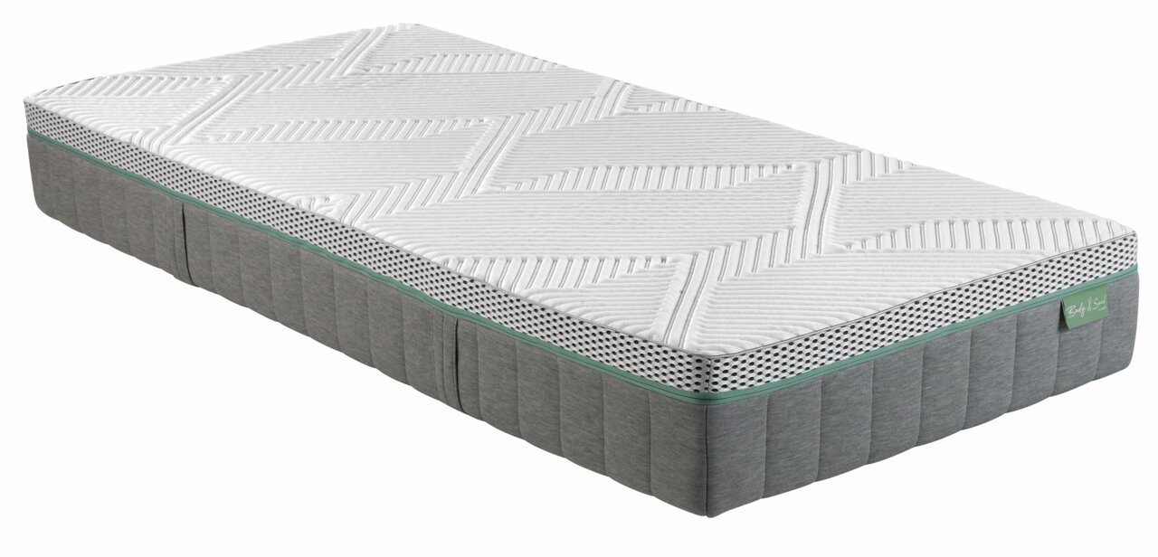 irisette Matratze BODY&SOUL Seitliche Perspektive auf eine Matratze 90x200 cm mit festem Liegekomfort, grauer Seitenfläche und weißem Oberbezug mit geometrischem Muster.