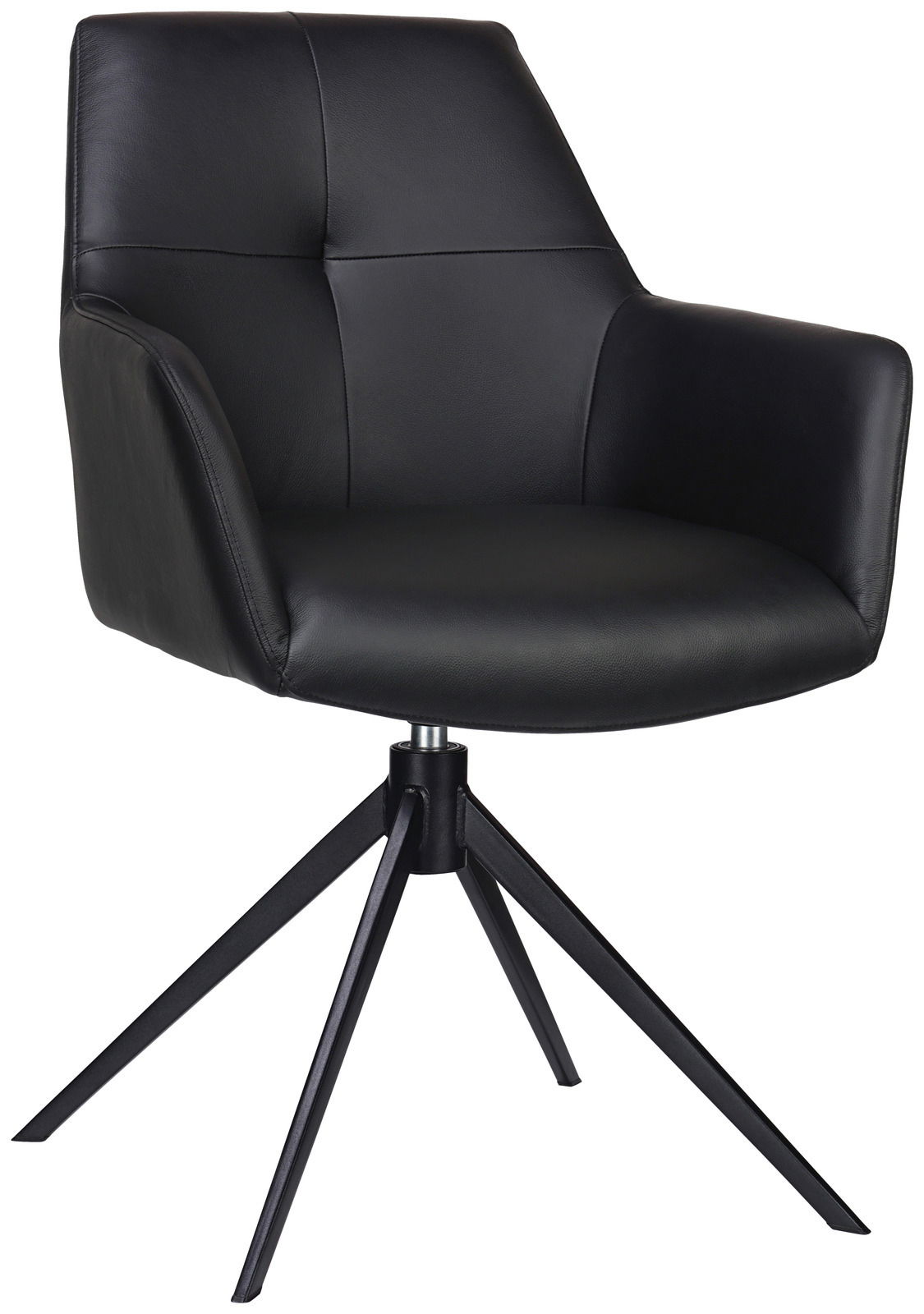 Schwarzer Armlehnstuhl mit modernem Design, vierbeiniger Metallfuß, seitliche Perspektive