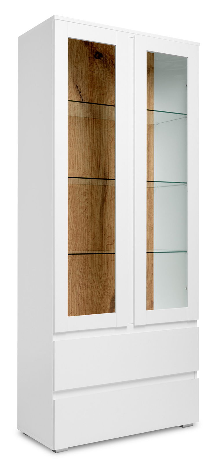 Weiße Vitrine mit Glastüren und Holzelementen, seitliche Perspektive