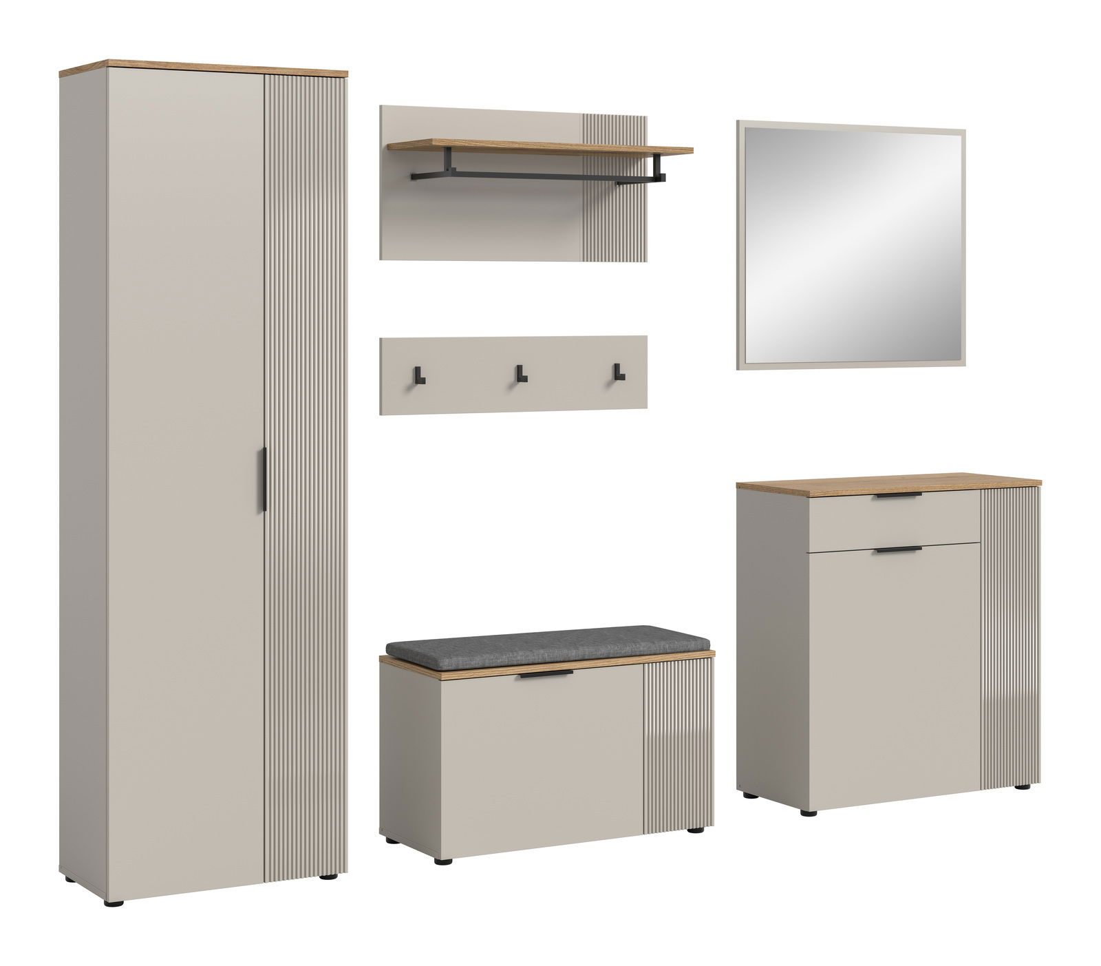 Garderobenkombination bestehend aus einem hohen Schrank, einer Wandgarderobe mit Haken und Ablage, einem Spiegel, einer Sitzbank mit Stauraum und einem Kommodenschrank, in einer modernen, minimalistischen Perspektive.