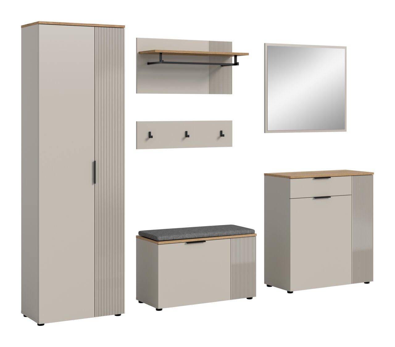 Garderobenkombination bestehend aus einem hohen Schrank, einer Wandgarderobe mit Haken und Ablage, einem Spiegel, einer Sitzbank mit Stauraum und einem Kommodenschrank, in einer modernen, minimalistischen Perspektive.