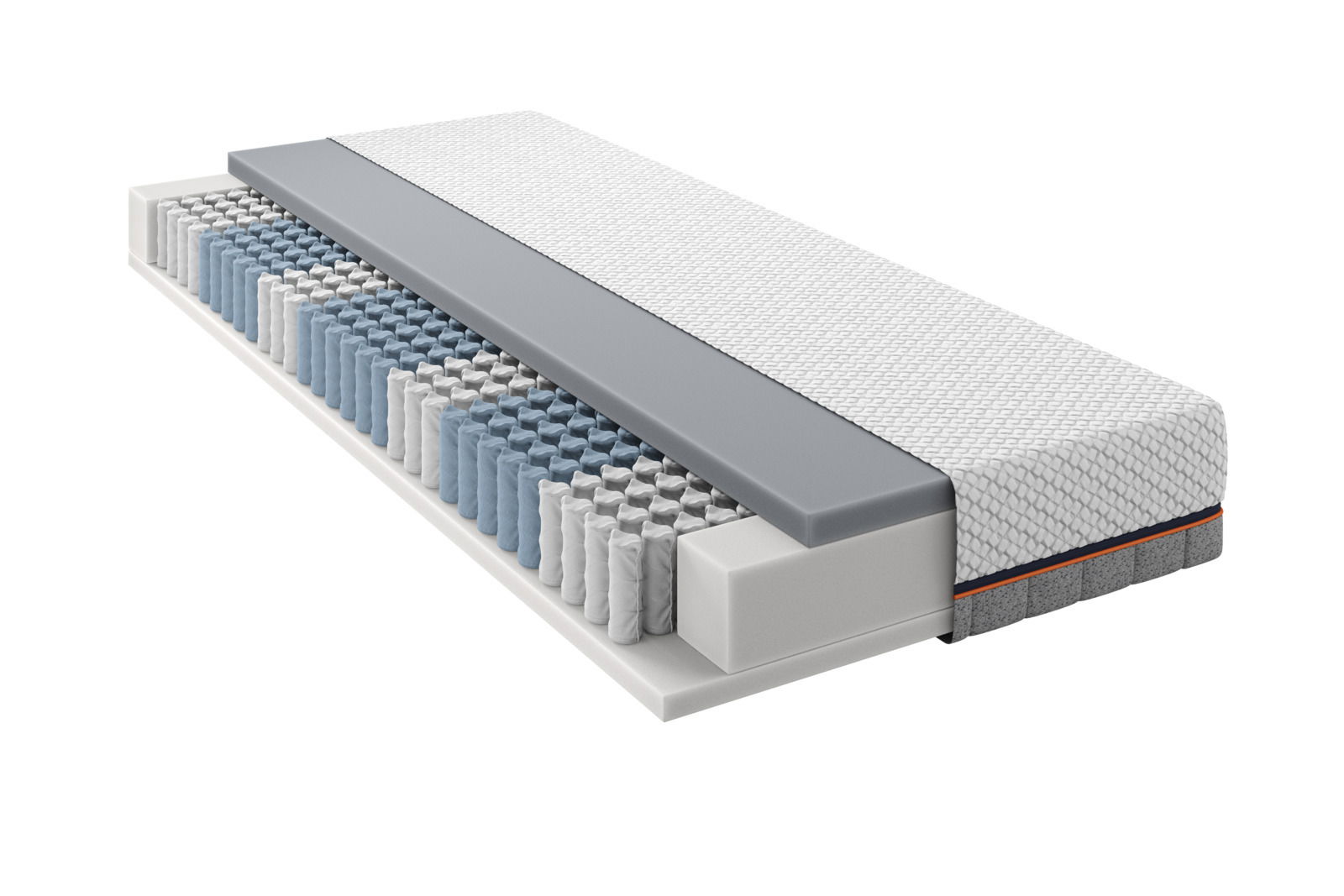 Novel TTFK-Matratze H5 PULSE 220 TFK Querschnitt einer TTFK-Matratze mit sichtbaren Schichten und Taschenfederkern, seitliche Perspektive.