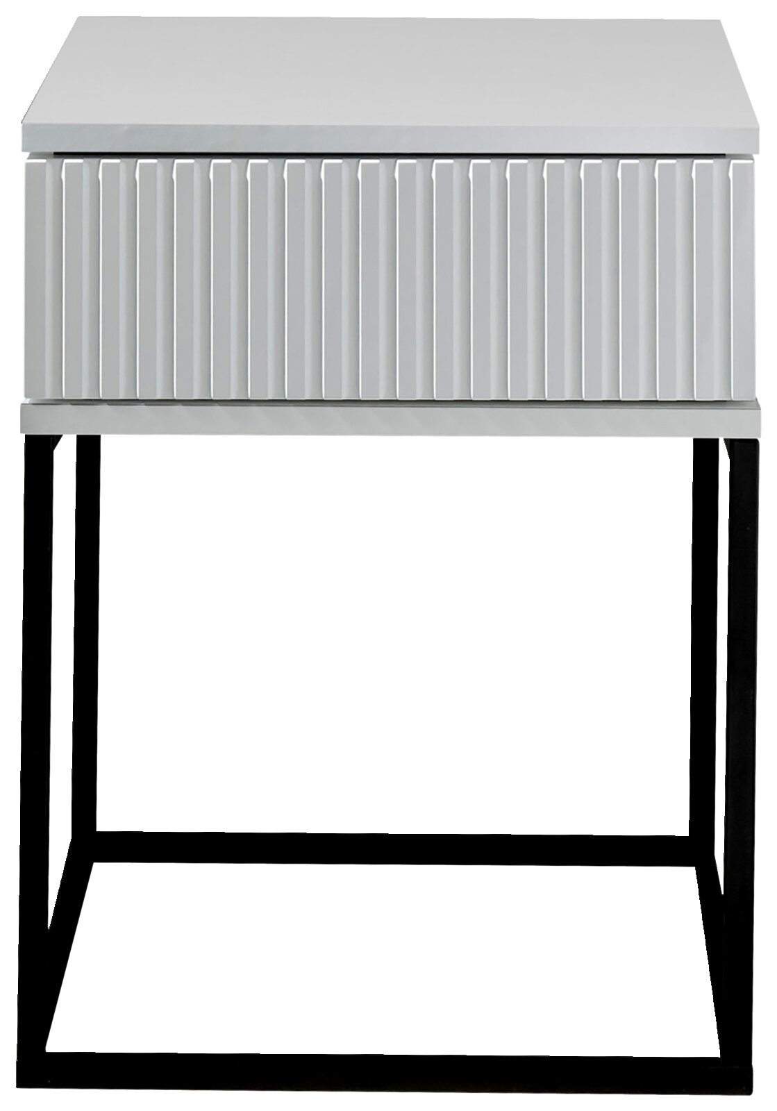 Moderne Nachtkommode mit geriffelter Front und schwarzem Metallgestell, Frontalansicht.
