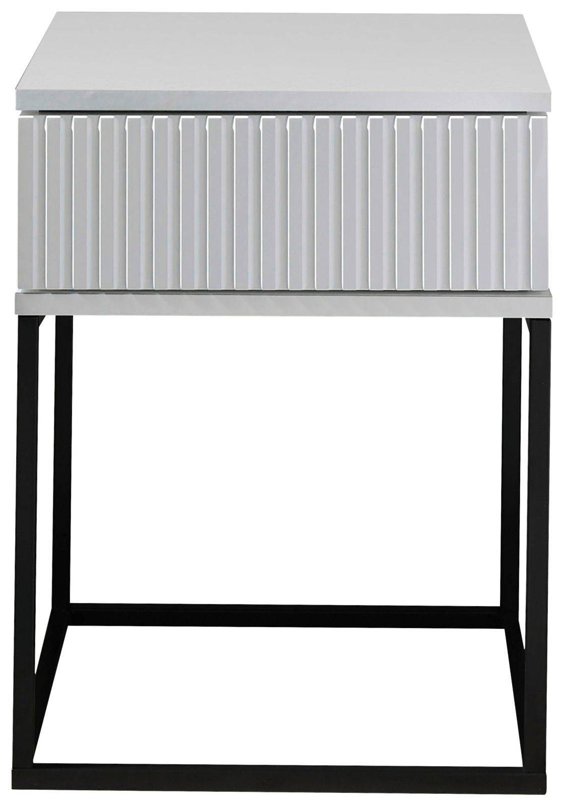 Moderne Nachtkommode mit geriffelter Front und schwarzem Metallgestell, Frontalansicht.