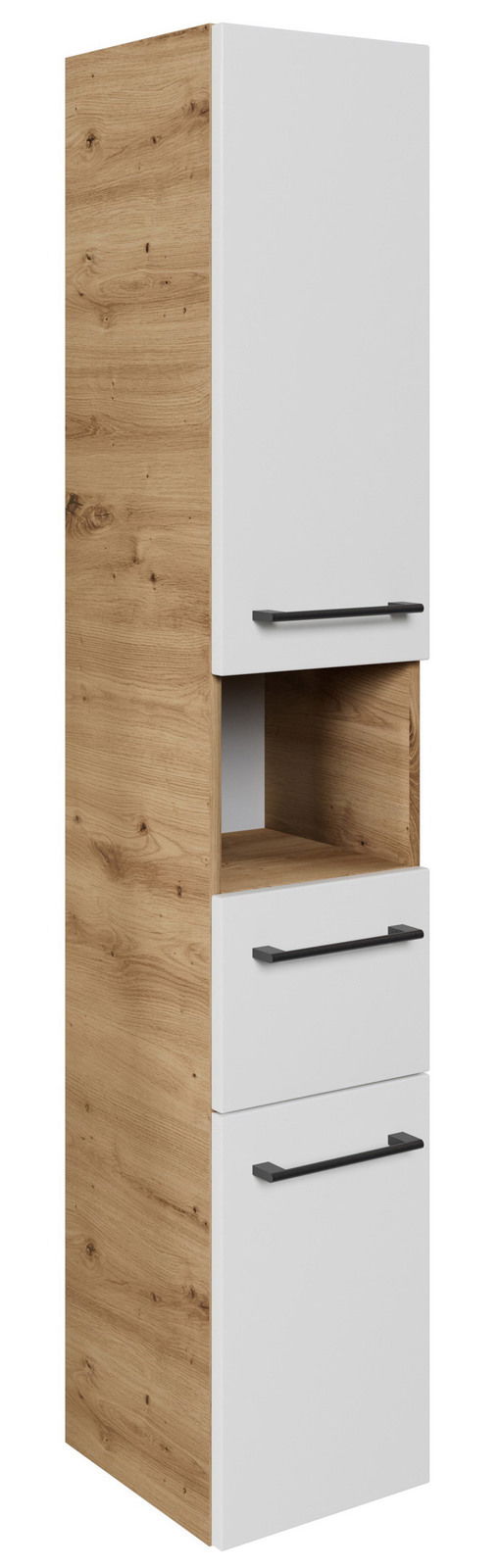 Hochschrank mit Holzoptik und weißen Fronten, seitliche Perspektive