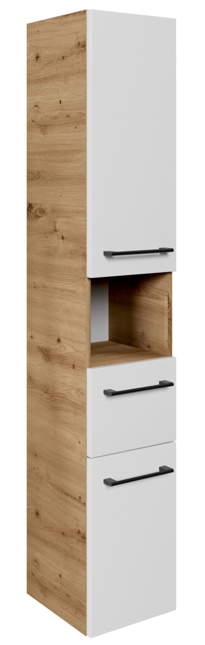 Sadena Hochschrank PLAKA Hochschrank mit Holzoptik und weißen Fronten, seitliche Perspektive