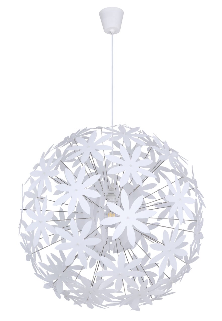 Weiße Hängeleuchte in Kugelform mit blumenförmigen Elementen, seitliche Perspektive