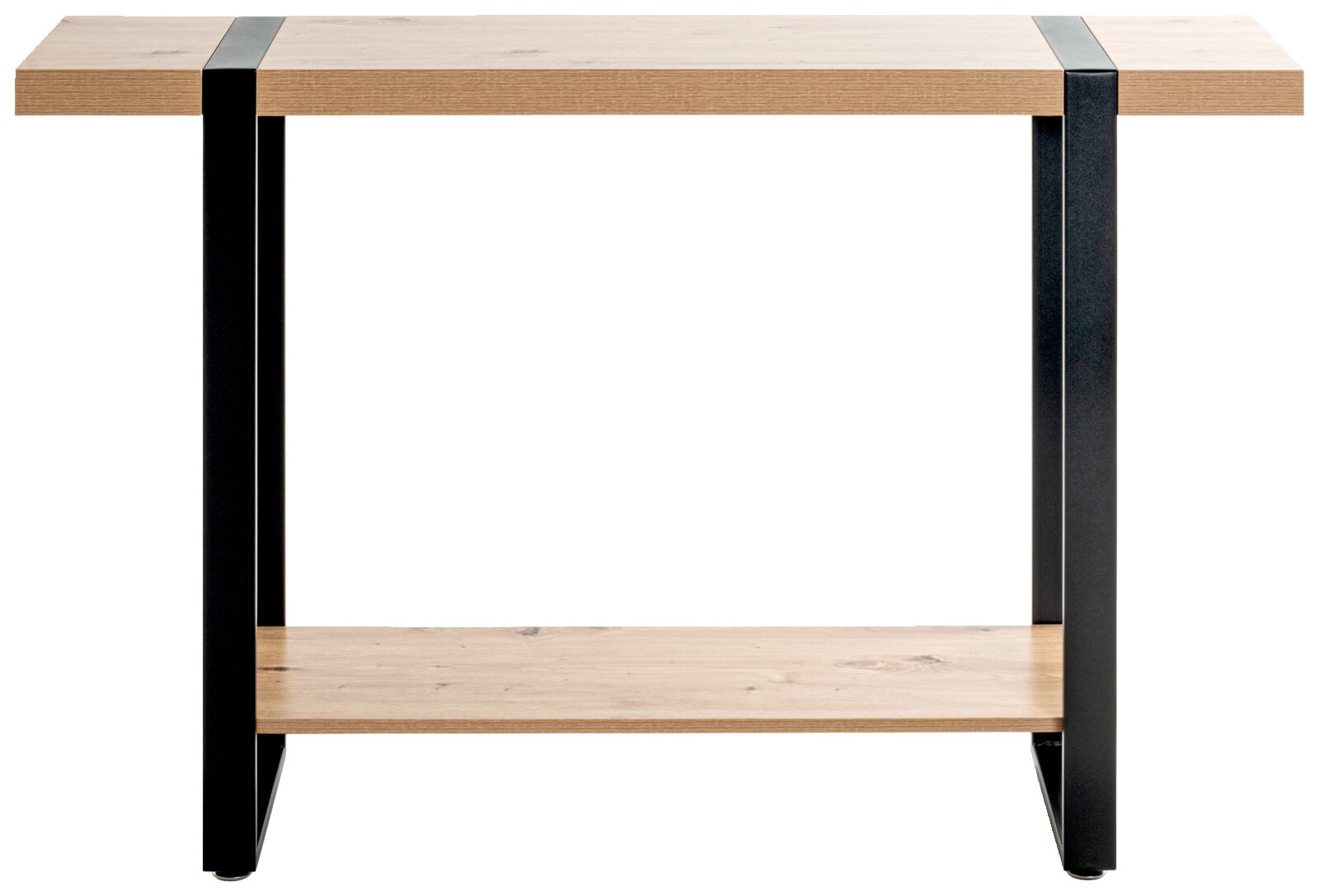 Houten console met zwart metalen onderstel, gezien vanaf de voorkant