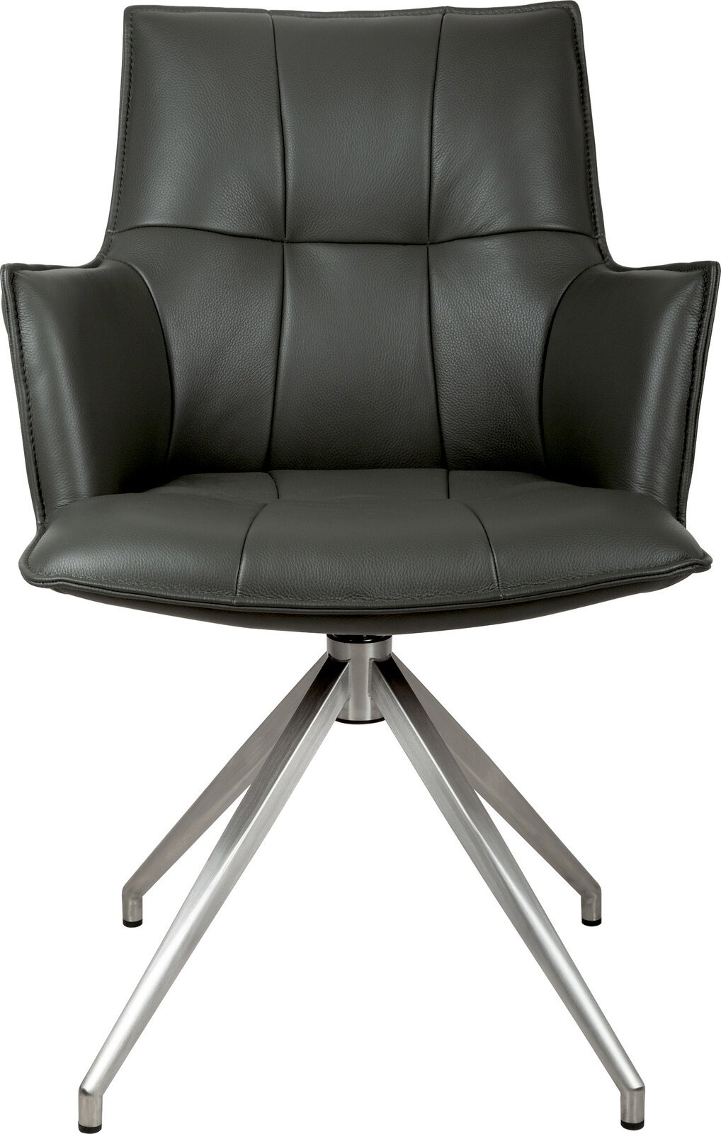 Schwarzer gepolsterter Drehstuhl mit Armlehnen und Metallfußkreuz, Vorderansicht freigestellt auf weißem Hintergrund