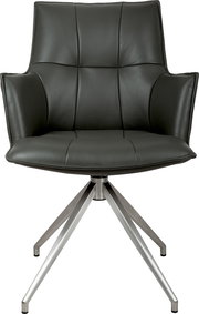 Schwarzer gepolsterter Drehstuhl mit Armlehnen und Metallfußkreuz, Vorderansicht freigestellt auf weißem Hintergrund