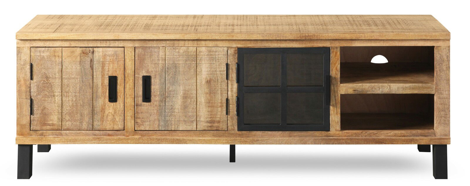 Frontale Ansicht eines Lowboards aus Holz mit zwei Türen, einem Glaseinsatz und offenen Regalfächern.