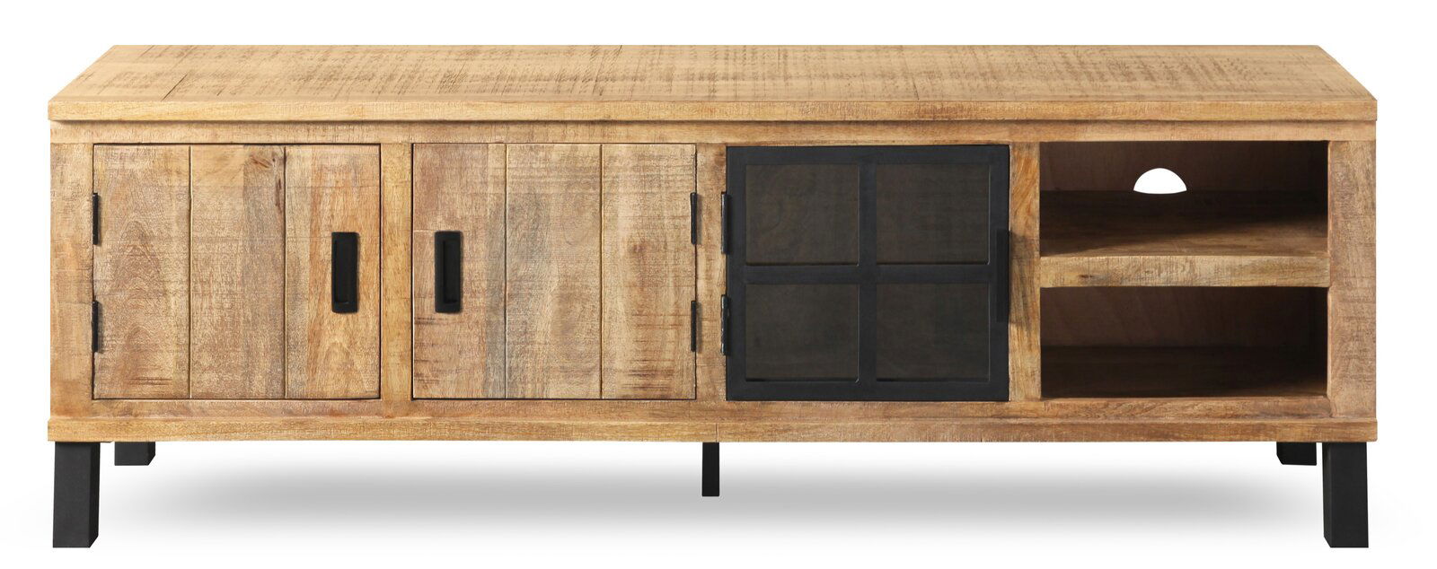 Frontale Ansicht eines Lowboards aus Holz mit zwei Türen, einem Glaseinsatz und offenen Regalfächern.