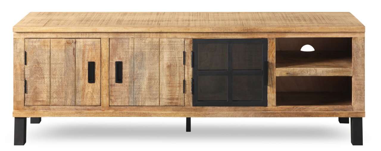 Vooraanzicht van een houten lowboard met twee deuren, een glazen inzetstuk en open planken.