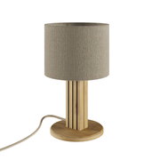 Moderne Tischleuchte mit zylindrischem Stoffschirm und Holzfuß, seitliche Perspektive