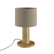 Moderne Tischleuchte mit zylindrischem Stoffschirm und Holzfuß, seitliche Perspektive