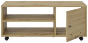 TV-Rollwagen aus Holz mit zwei offenen Regalfächern und einer Tür, auf Rollen, Frontalansicht.