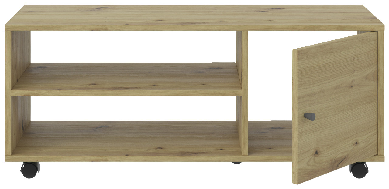 TV-Rollwagen aus Holz mit zwei offenen Regalfächern und einer Tür, auf Rollen, Frontalansicht.