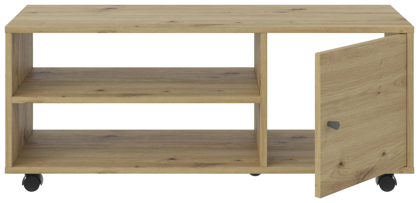 TV-Rollwagen aus Holz mit zwei offenen Regalfächern und einer Tür, auf Rollen, Frontalansicht.