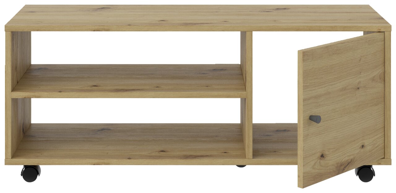 Houten tv-rolwagen met twee open vakken en een deur, op wieltjes, vooraanzicht.