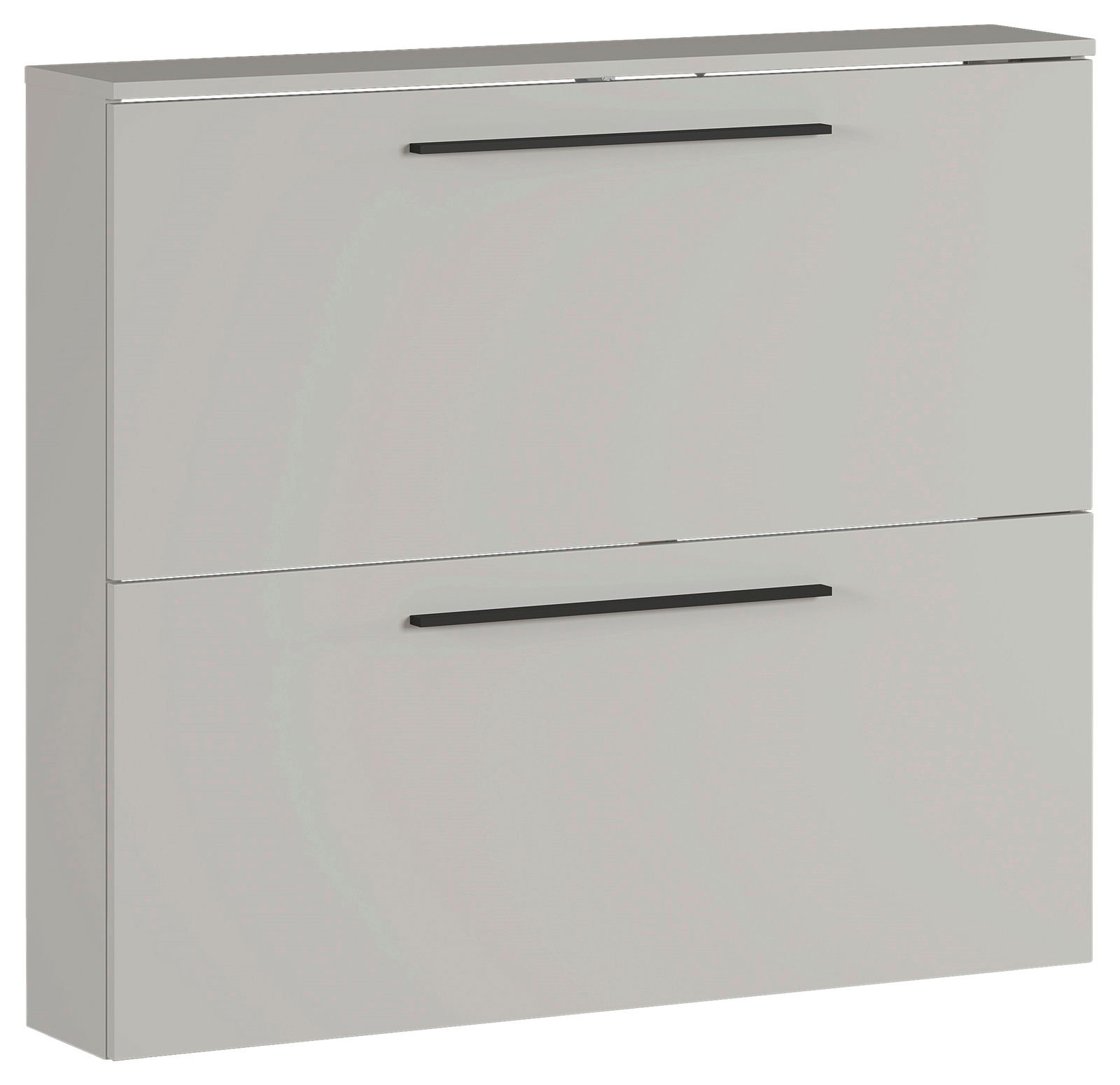 Moderner Schuhschrank der Serie UBBE von Germania mit zwei Klappen und schwarzen Griffen, seitliche Perspektive.