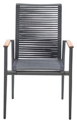 Moderner Sessel mit Metallrahmen und Holzarmlehnen, Vorderansicht