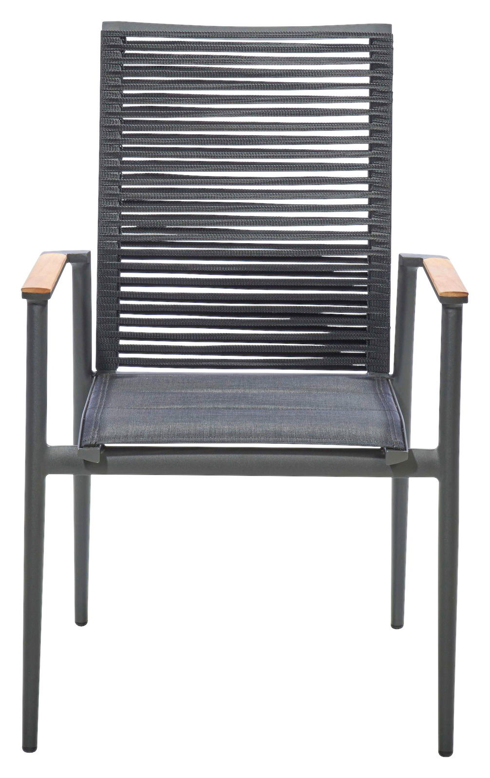 Moderner Sessel mit Metallrahmen und Holzarmlehnen, Vorderansicht